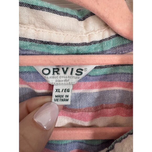 Orvis Multi-Color Cap Sleeve Striped Button Down Linen Blend Blouse Size XL - Picture 3 of 8